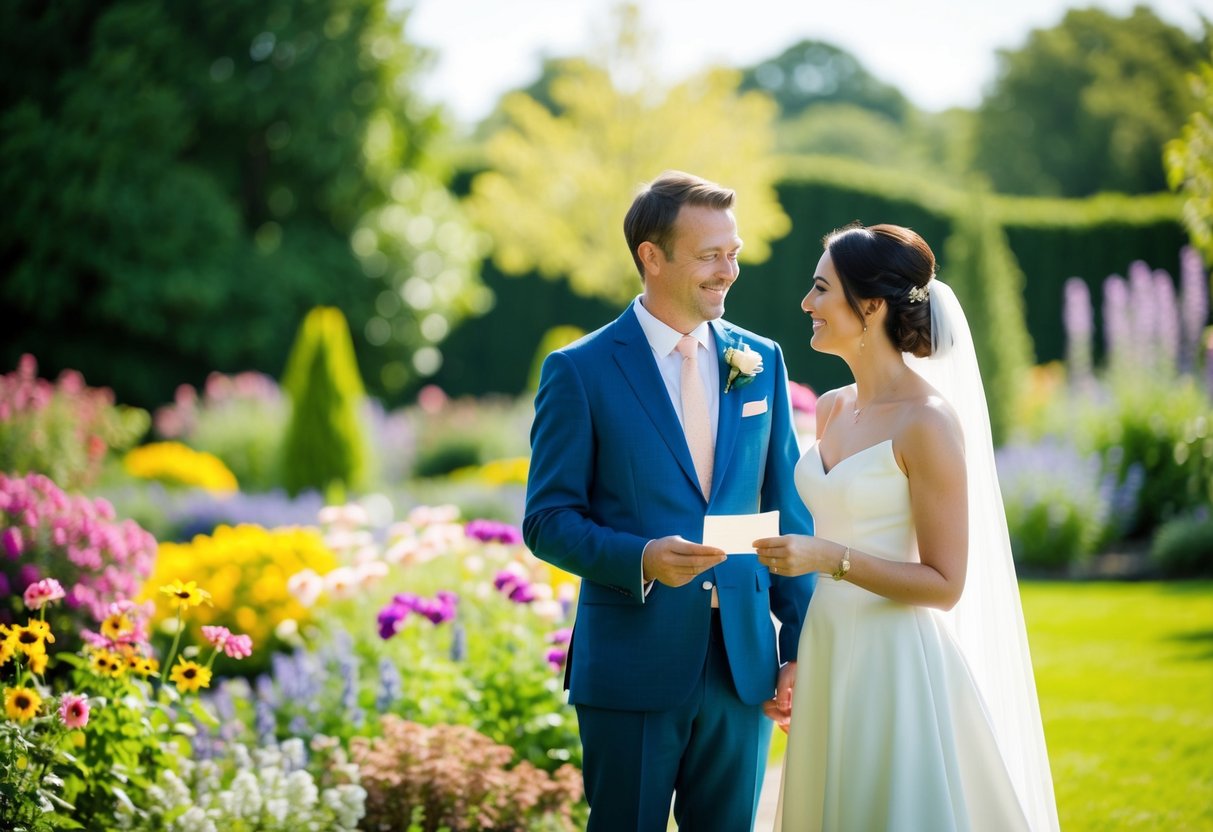 A couple stands in a sunlit garden, surrounded by colorful flowers and a serene landscape. The groom holds a small piece of paper and looks at the bride with a loving smile