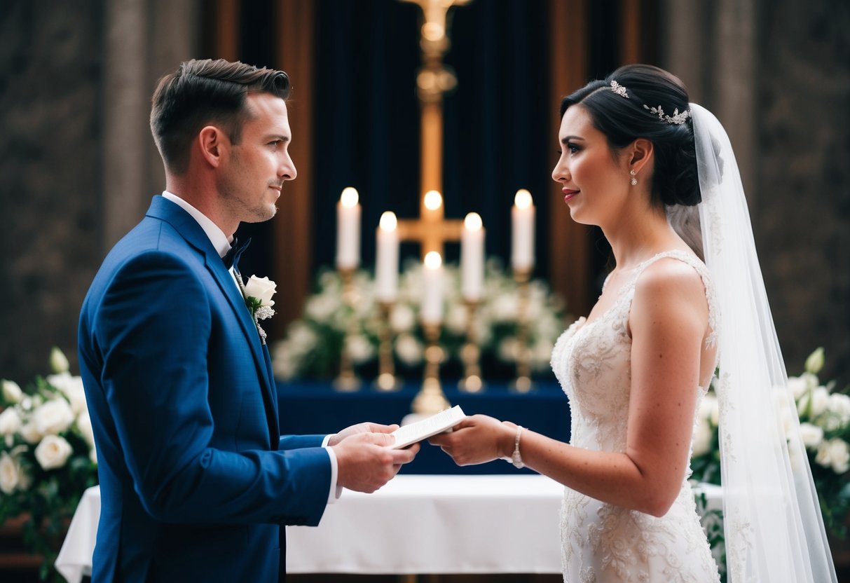 A bride and groom standing at the altar, facing each other with a look of confusion as they hold their wedding vows in their hands