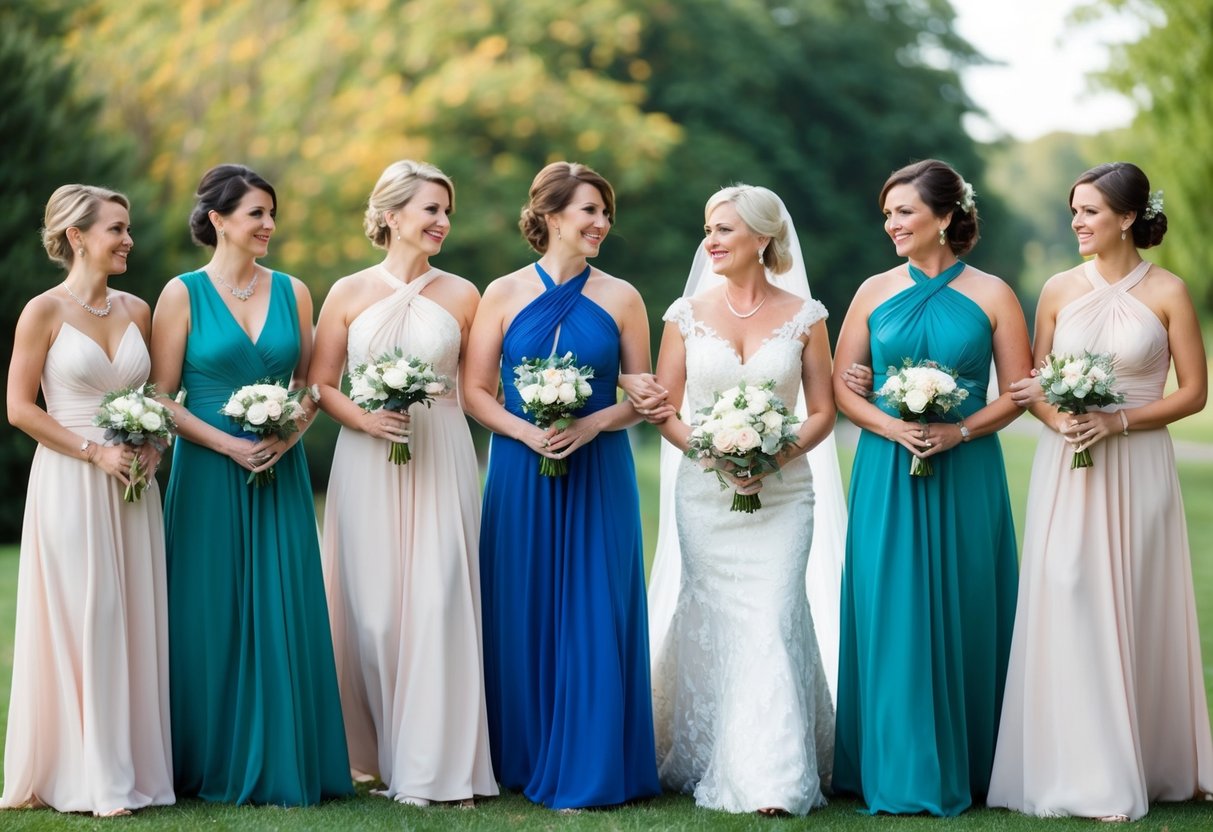 The mother of the bride traditionally wears an elegant floor-length gown in a complementary color to the wedding party. She may also wear a corsage or carry a small bouquet