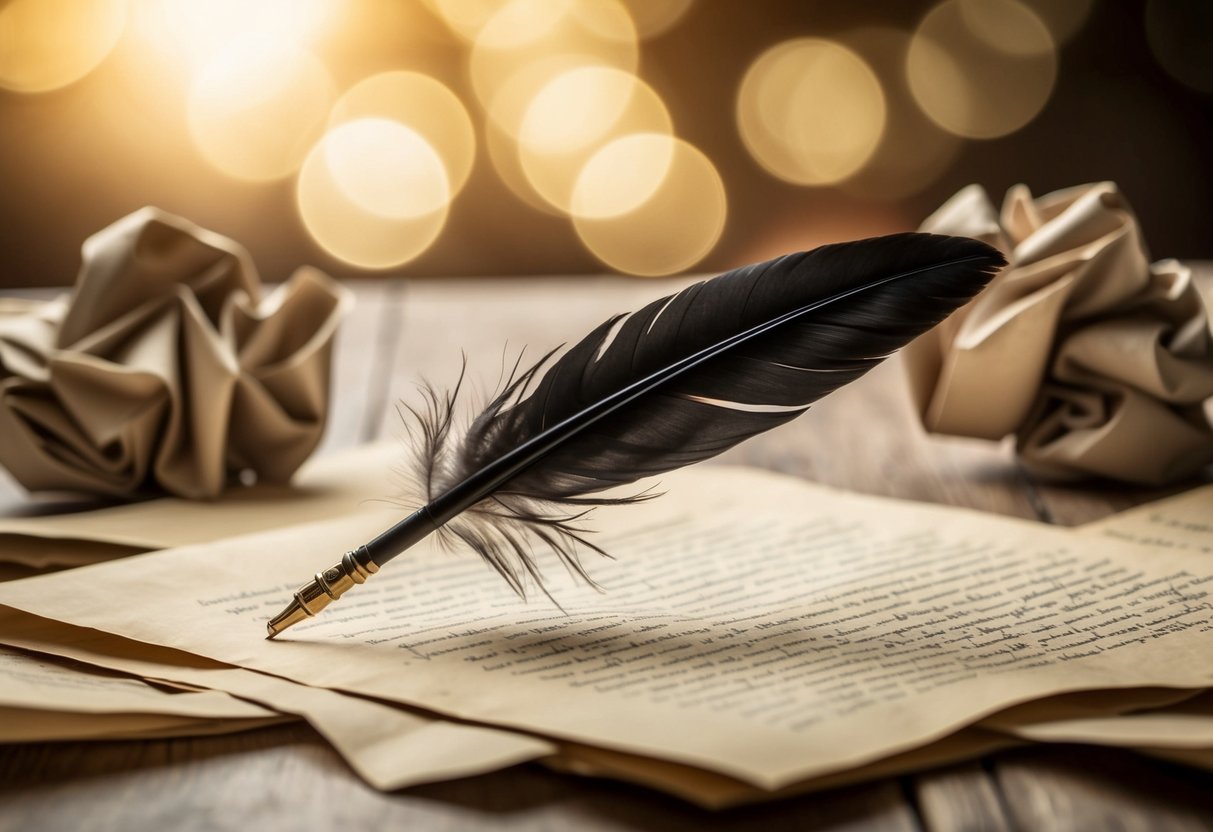 A quill pen hovering over a parchment, surrounded by crumpled papers and a thoughtful expression
