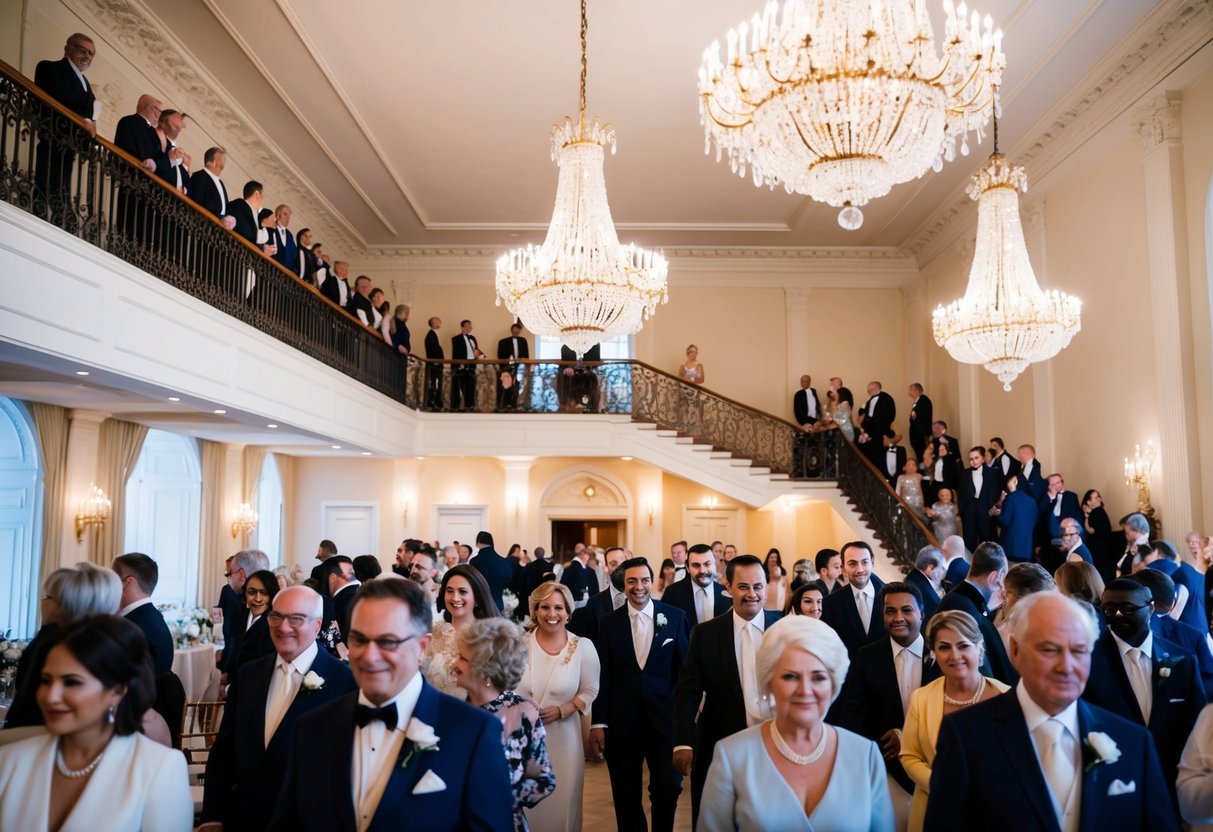 A elegant ballroom with chandeliers and a grand staircase, filled with formally dressed guests