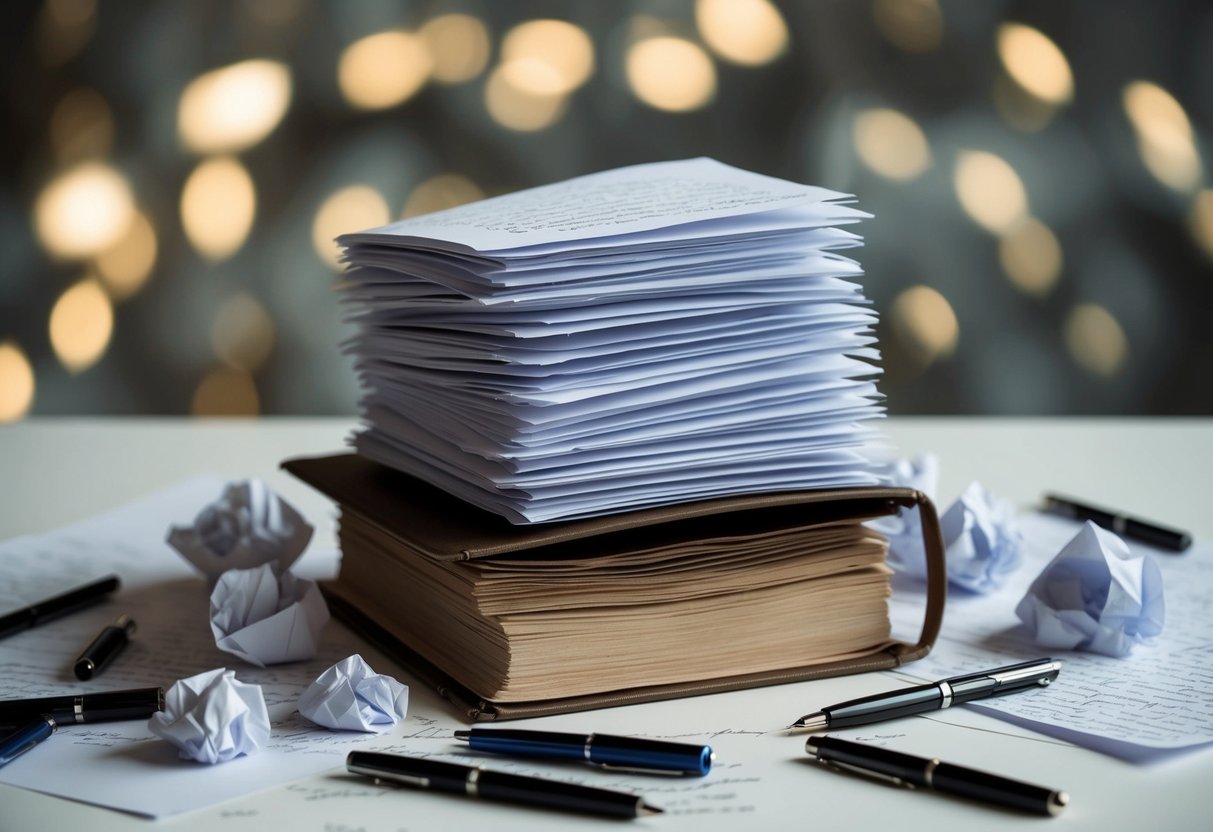A stack of handwritten pages spills out of an overflowing wedding vow book, surrounded by scattered pens and crumpled paper