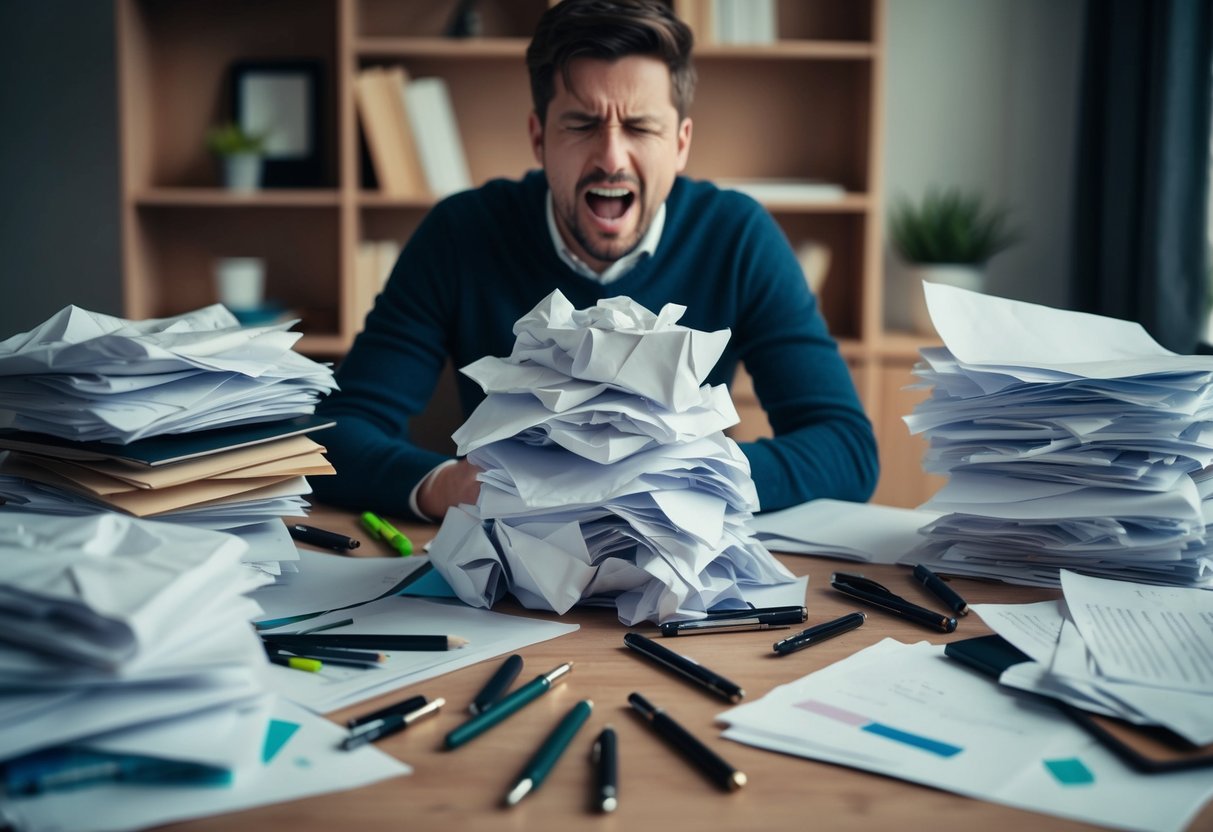 A pile of crumpled papers and a frustrated person surrounded by scattered pens and a disheveled desk