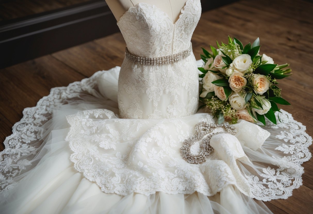 A delicate lace wedding gown draped over a mannequin, surrounded by sparkling jewelry and a bouquet of fresh flowers