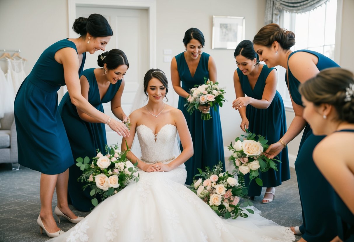 A group of women bustling around a bridal gown, arranging flowers and accessories, while the bride sits calmly in the center