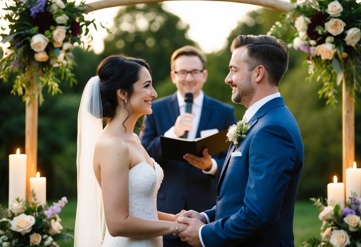 A couple stands facing each other, surrounded by flowers and candles. A celebrant holds a microphone as they exchange heartfelt vows