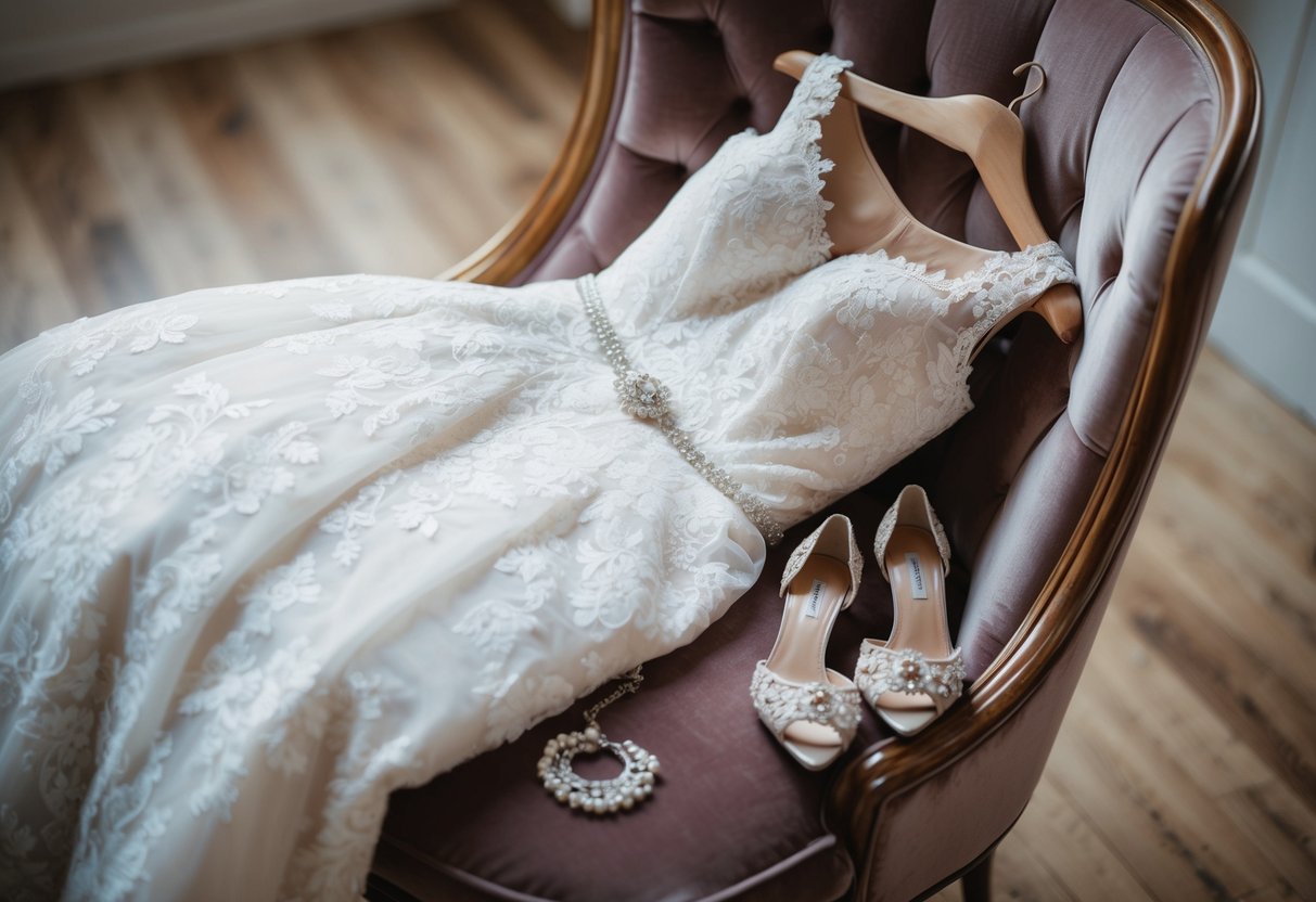 A delicate lace wedding gown laid out on a plush velvet chair, surrounded by shimmering jewelry and a pair of elegant heels