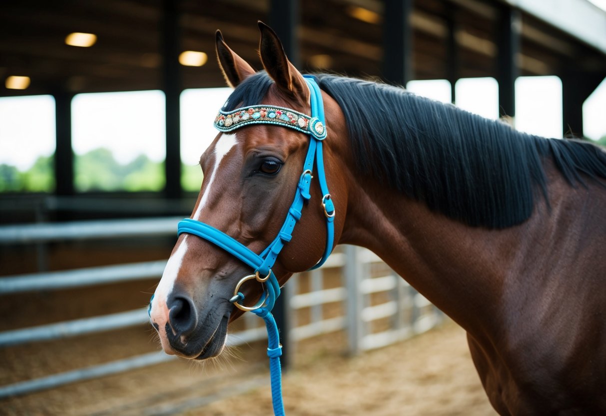 A horse wearing a decorative headpiece with reins attached, standing in a stable