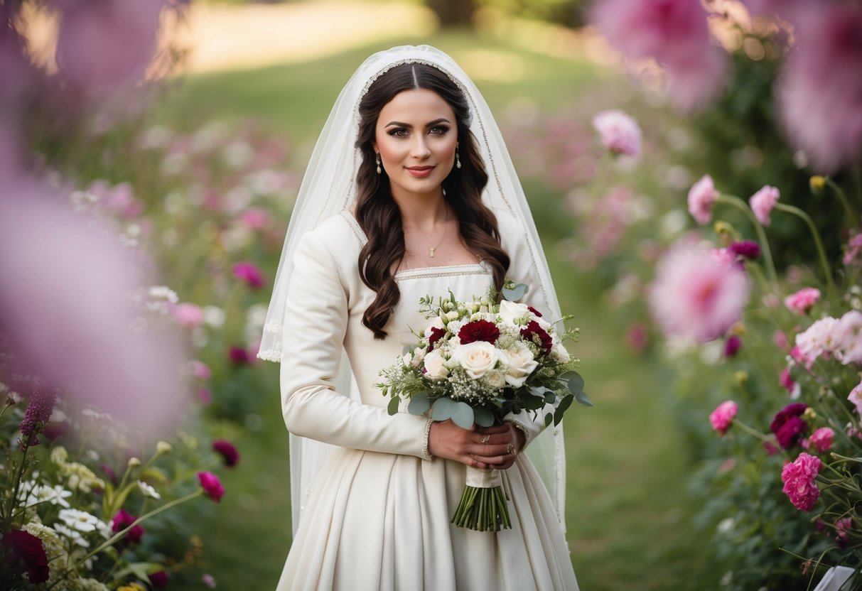 A medieval bride holding a bouquet, surrounded by flowers and a traditional wedding gown