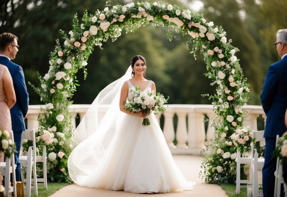 A bride in a flowing white gown holds a bouquet of flowers while standing beneath a floral archway at a traditional wedding ceremony