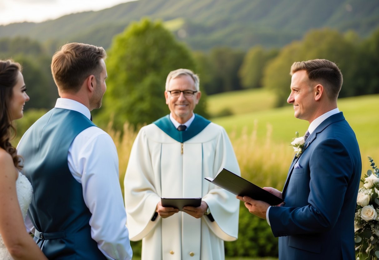 A celebrant officiates a wedding ceremony, standing before a couple in a picturesque outdoor setting