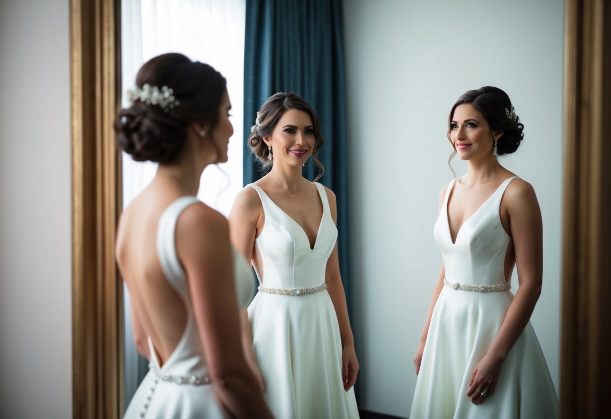 A bride standing in front of a mirror, admiring her reflection in a modern, non-traditional wedding gown