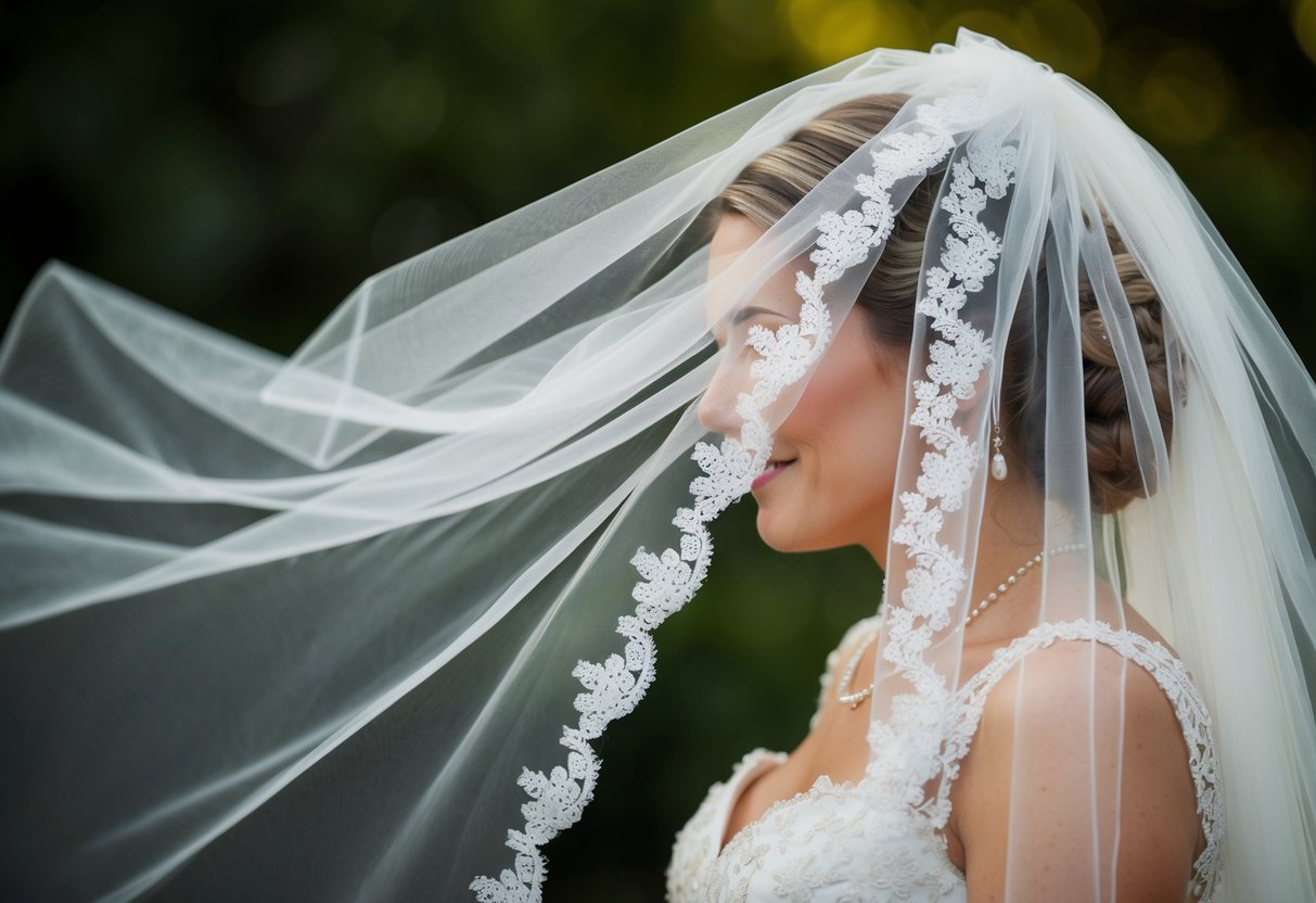 A bride's veil billows in the wind, adorned with delicate lace and intricate beading, symbolizing the cultural significance of marriage rituals and the timeless tradition of the bridal veil