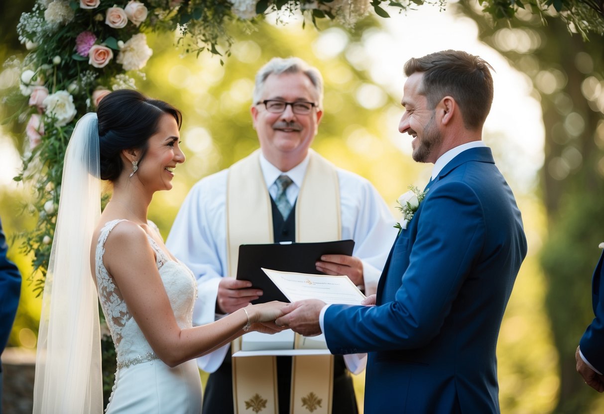 A celebrant stands before a couple, holding a marriage certificate and official documents, while the couple exchanges vows