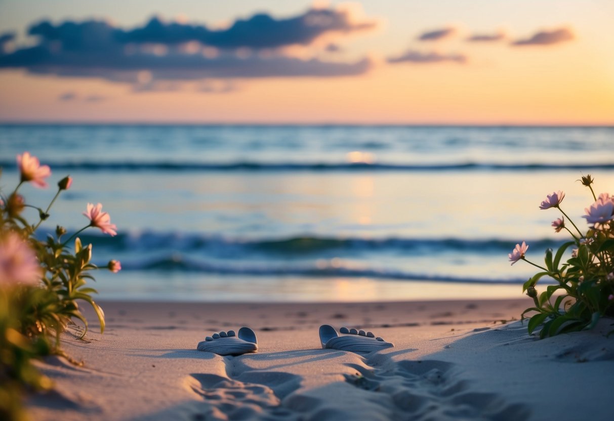 A serene beach at sunset, with two sets of footprints leading towards the water, surrounded by blooming flowers and a gentle breeze