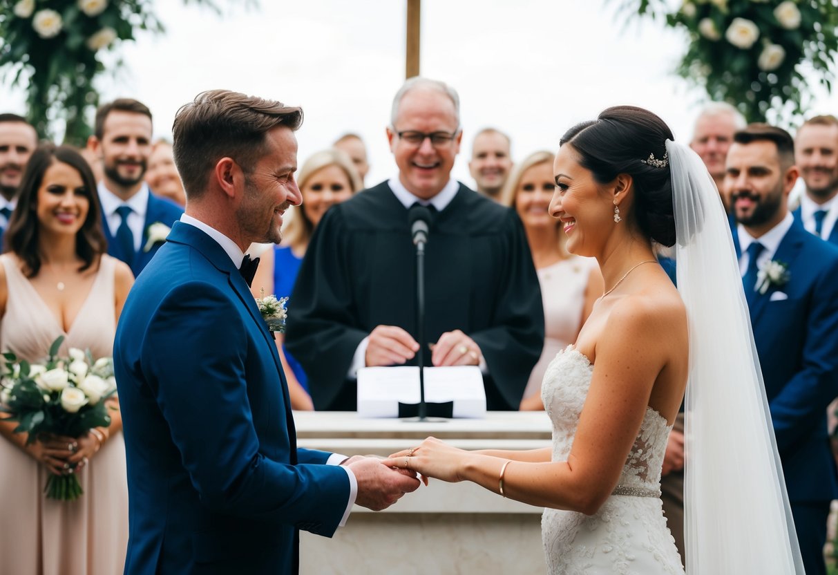 A celebrant stands at an altar with a couple, exchanging vows and rings in front of a crowd