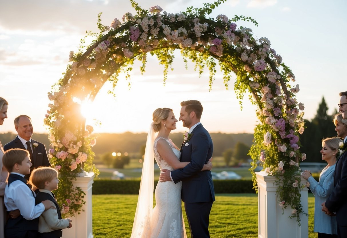 A couple stands beneath a blooming archway, surrounded by loved ones. The sun sets behind them, casting a warm glow on the scene