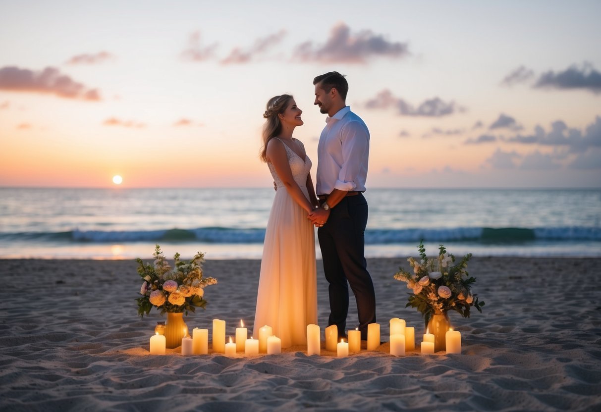 A couple standing on a sandy beach at sunset, surrounded by candles and flowers, with the ocean in the background