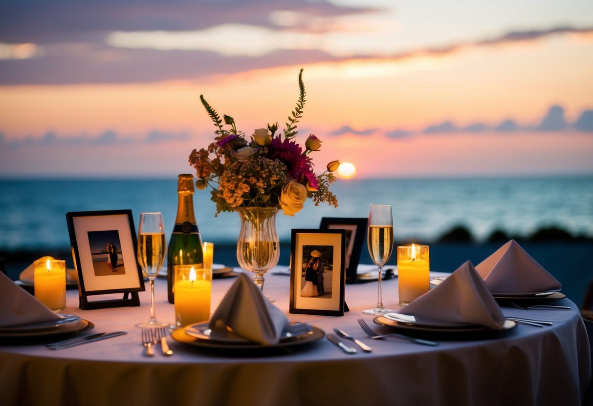 A cozy, candlelit dinner table adorned with flowers, framed photos, and a bottle of champagne, set against a backdrop of a sunset over a serene beach