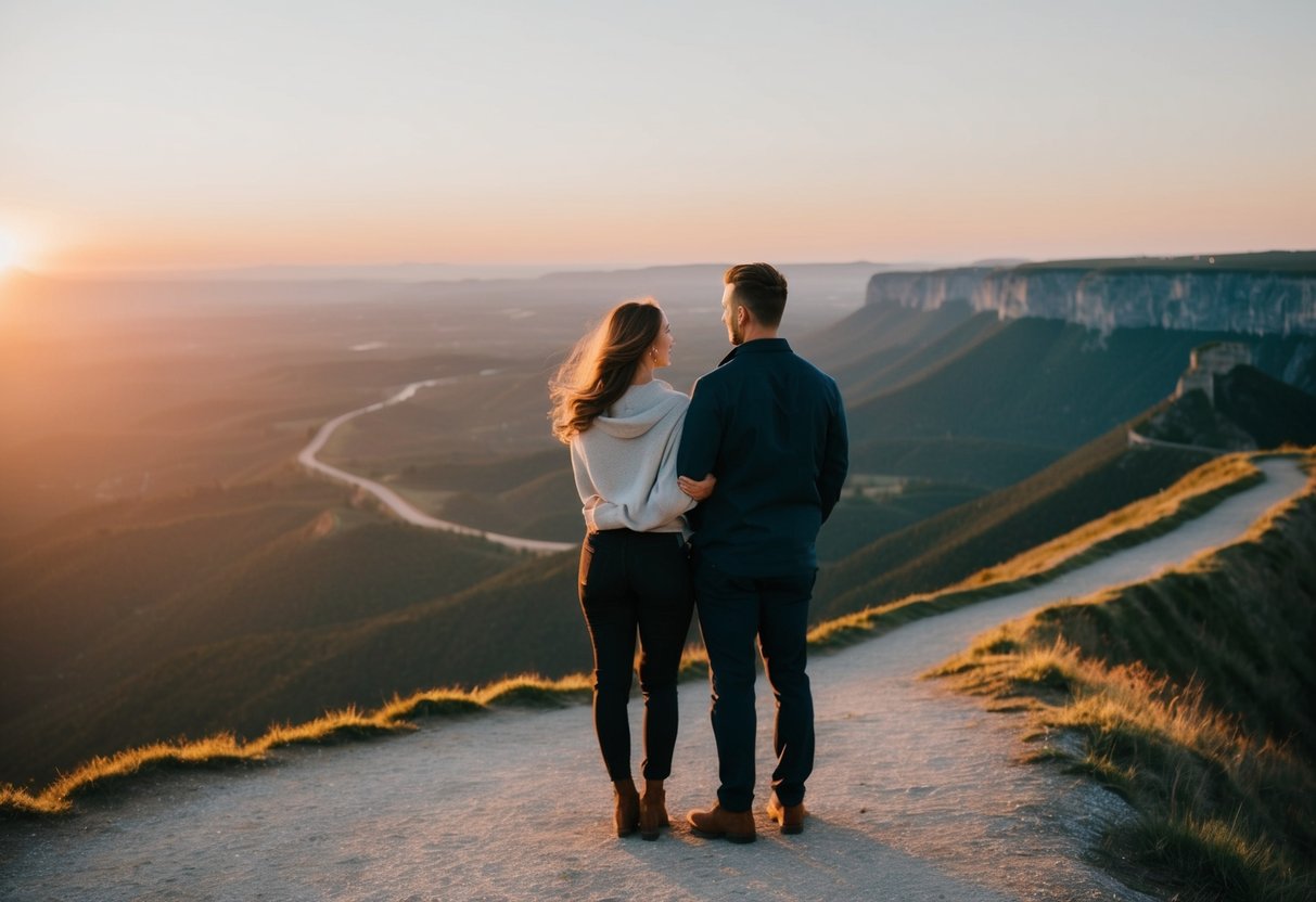 A couple standing on a cliff overlooking a vast, serene landscape, with a winding path leading into the distance. A sunset casts a warm glow over the scene