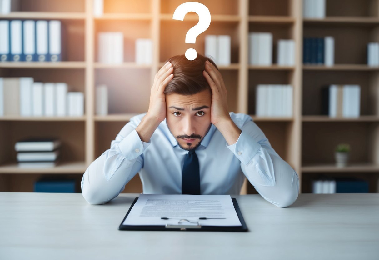 A puzzled person looking at a legal document with a question mark above their head