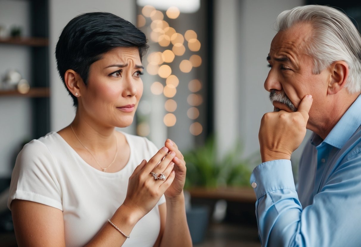 A person holding a wedding ring and looking confused, while an older man shakes his head disapprovingly