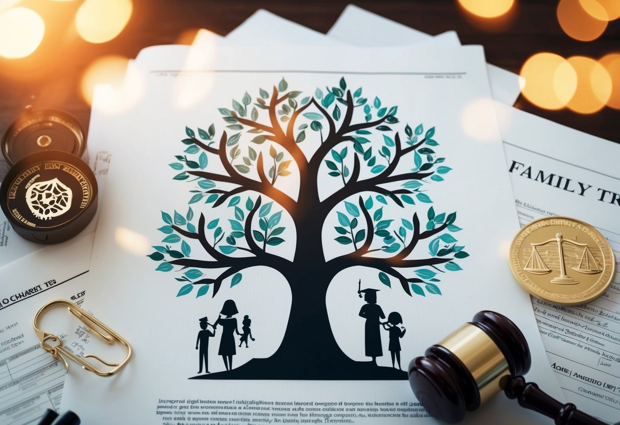 A family tree with interconnected branches, surrounded by legal documents and cultural symbols