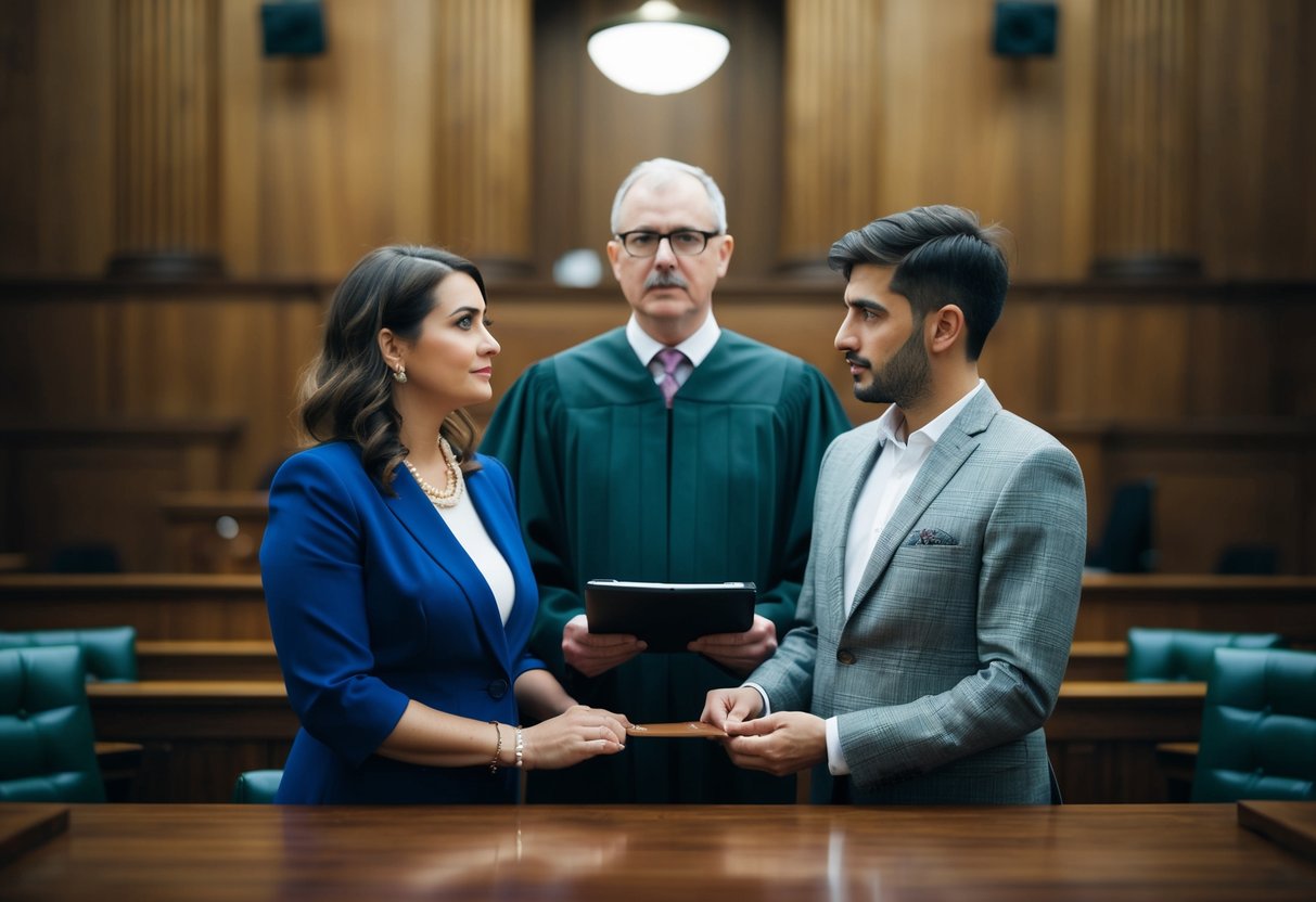A woman and a man stand before a judge in a courtroom, seeking clarification on the legality of marrying her brother-in-law in the UK