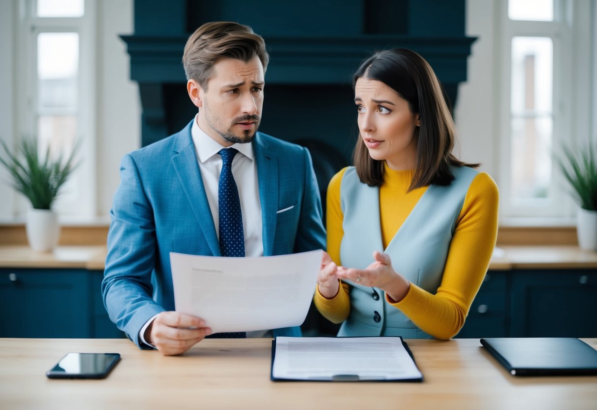 A man and a woman standing in front of a legal document, with a confused expression on their faces as they discuss UK marriage laws