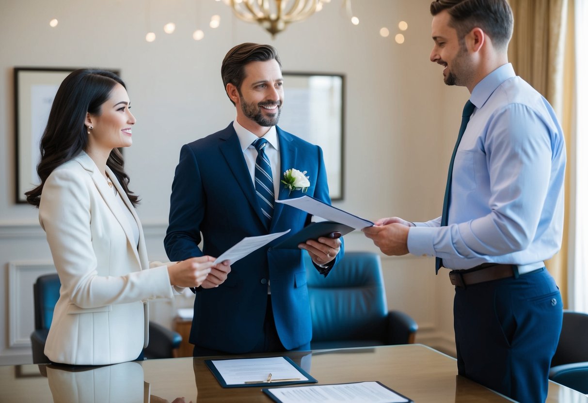 A man and a woman standing before a government official with legal documents and a marriage certificate