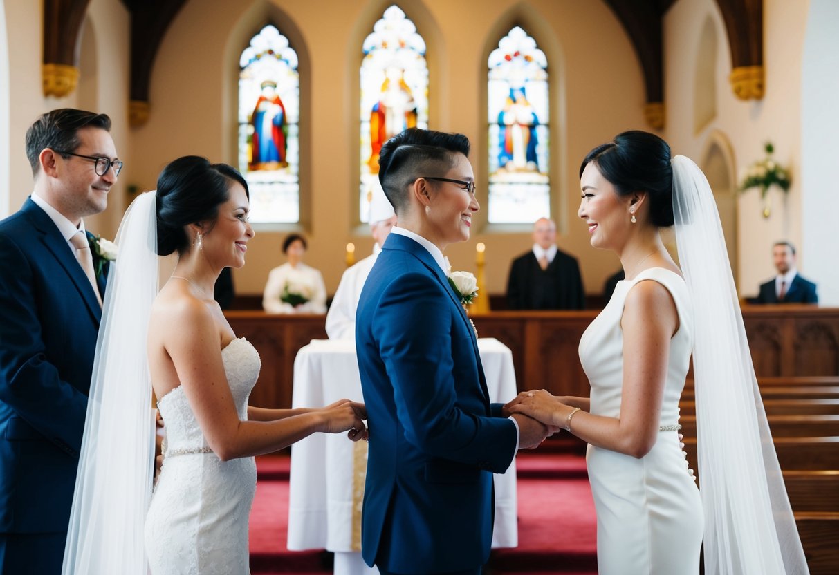 A bride and groom exchange vows in a traditional church setting, while a civil ceremony takes place in a courthouse