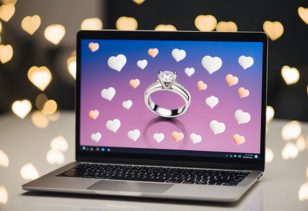 A laptop with a ring displayed on the screen, surrounded by virtual hearts and messages