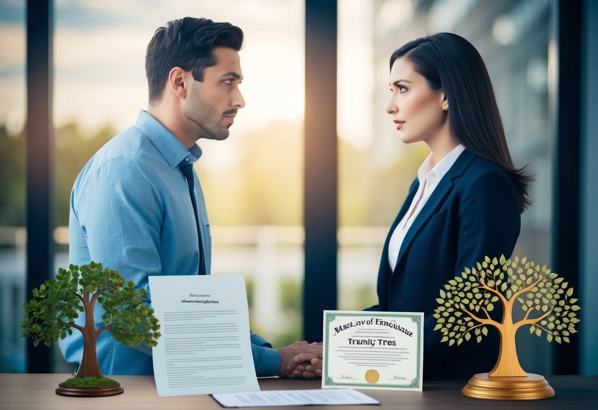 A man and woman stand facing each other, with a confused expression on their faces. They are surrounded by a legal document, a marriage certificate, and a family tree