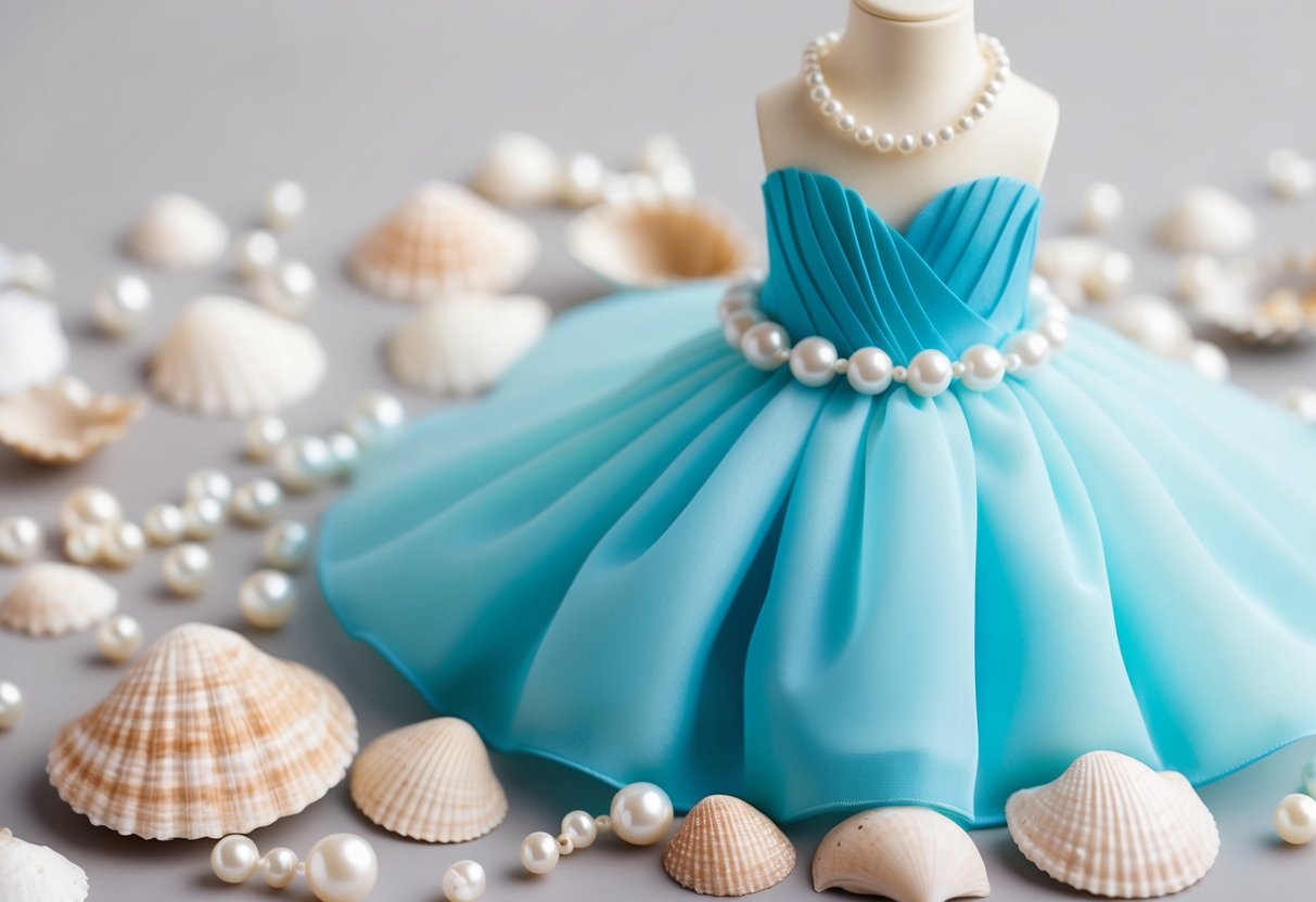 A serene, oceanic blue wedding dress surrounded by delicate seashells and pearls, evoking a sense of tranquility and elegance