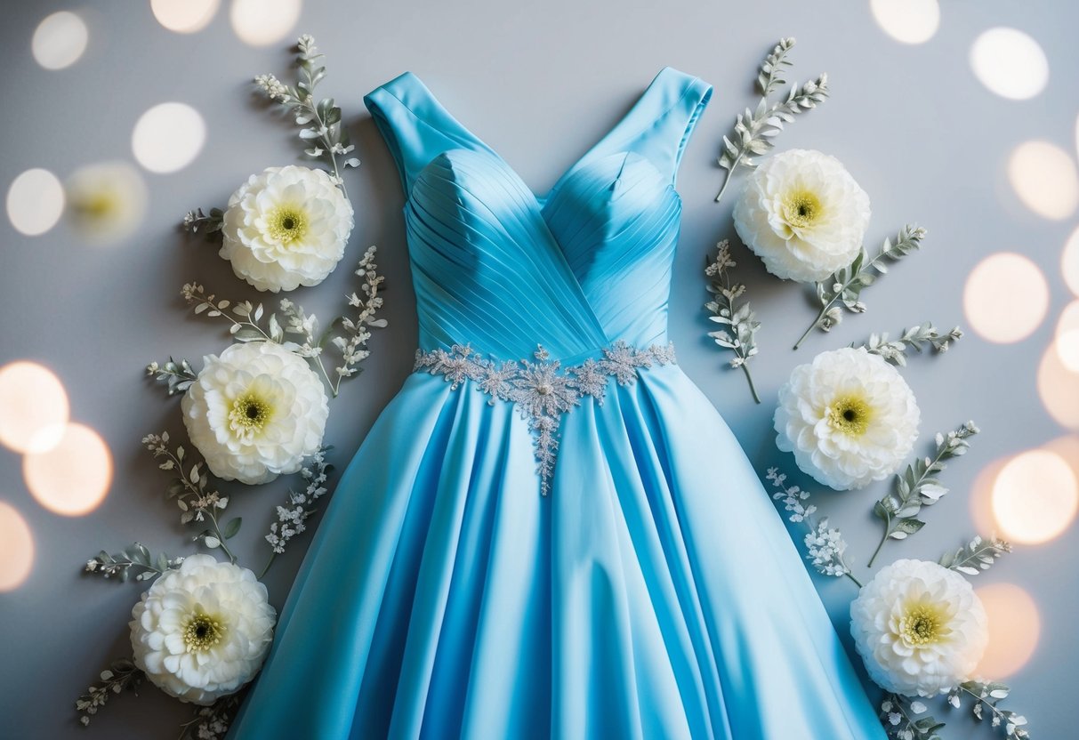 A serene blue wedding dress surrounded by delicate white flowers and shimmering silver accents