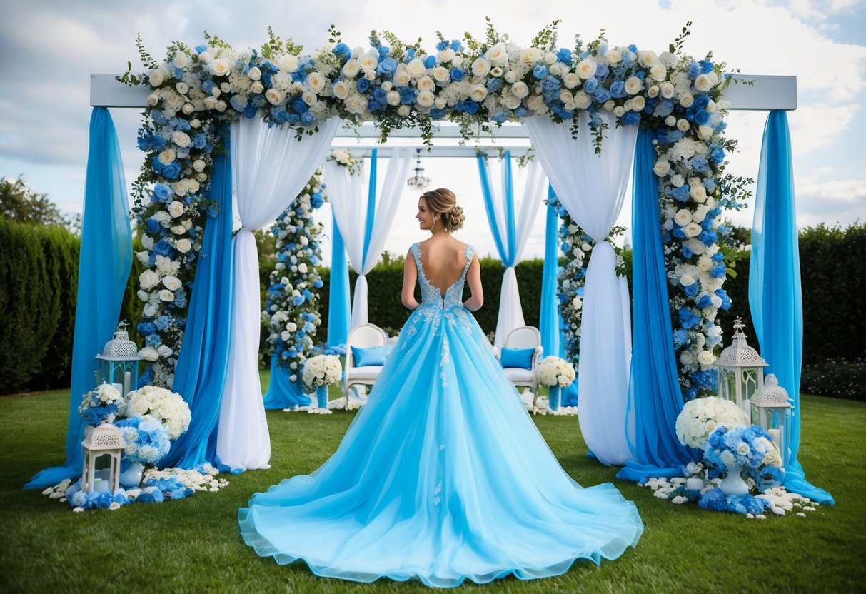 A bride in a flowing blue gown stands beneath a floral arch, surrounded by blue and white decor. The dress symbolizes serenity and stability in her marriage