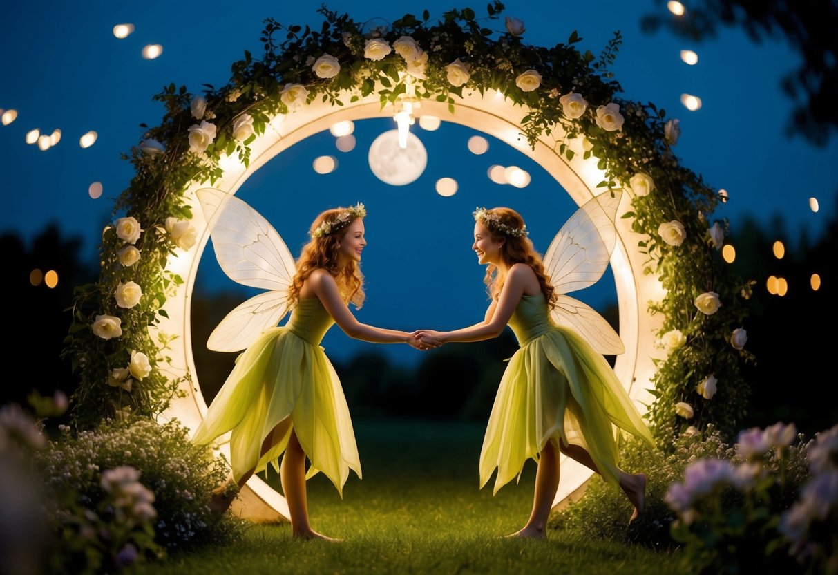 Fairies marry under a moonlit canopy, surrounded by twinkling fireflies and blooming flowers