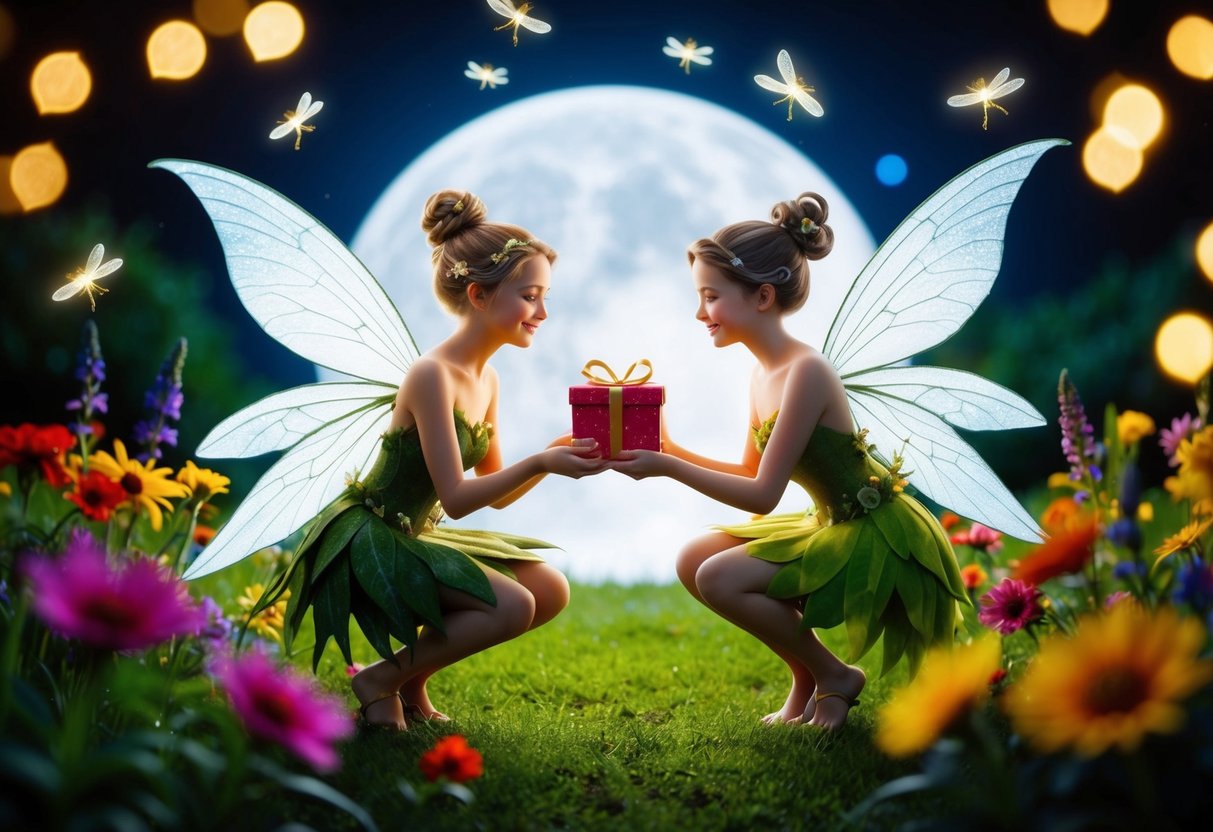 Two fairies exchanging gifts in a moonlit garden, surrounded by glowing fireflies and colorful flowers