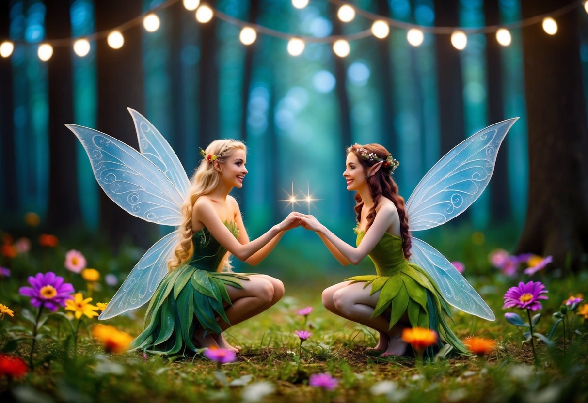 Two fairies exchanging vows in a magical forest clearing, surrounded by twinkling lights and colorful flowers
