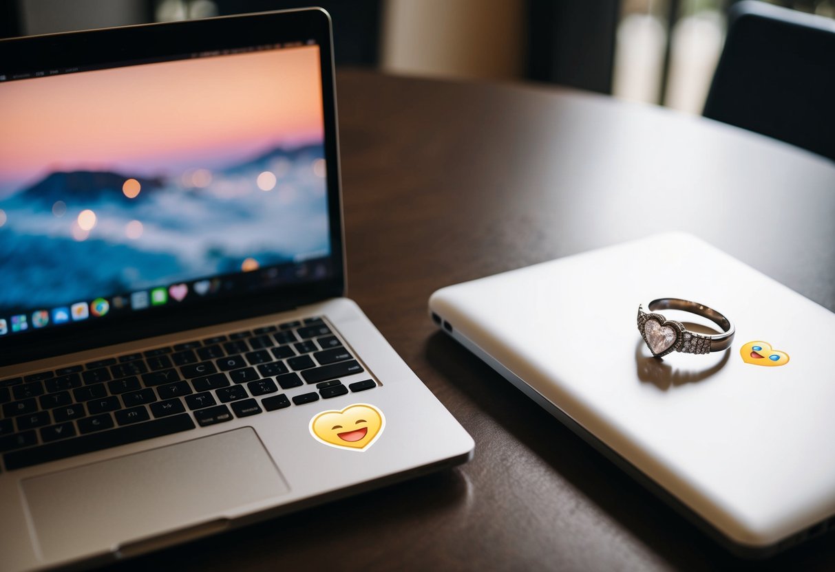A laptop and a wedding ring sit side by side on a table, with a heart-shaped emoji sticker on the laptop