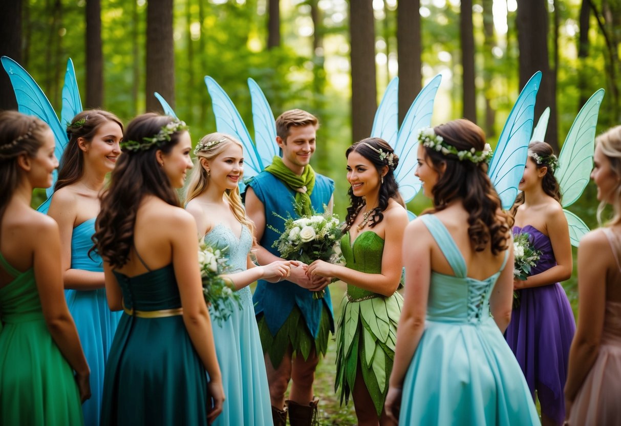A group of fairies with diverse physical features and clothing, gathering in a magical forest for a wedding ceremony