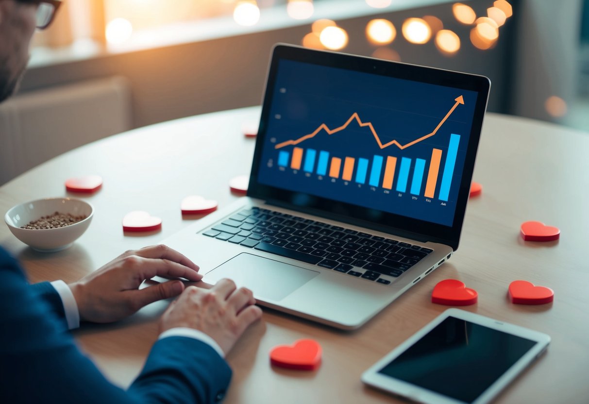 A laptop open on a table, surrounded by heart-shaped icons and a graph showing an upward trend