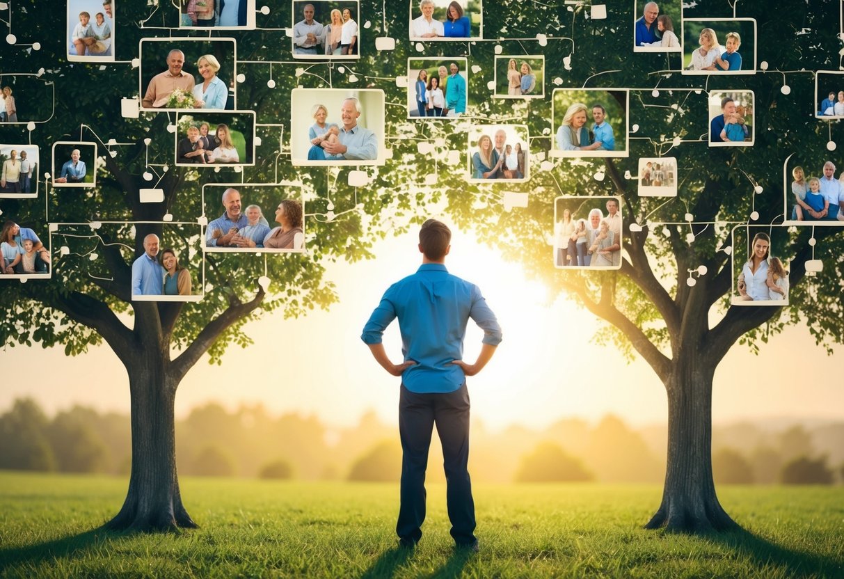 A person standing before a family tree, contemplating a complex web of relationships and connections