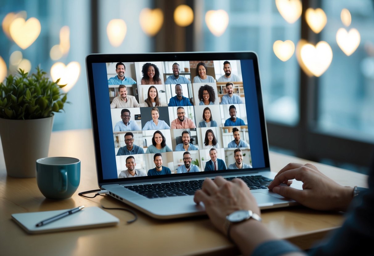 A laptop displaying a diverse range of couples meeting online, surrounded by symbols of love and connection