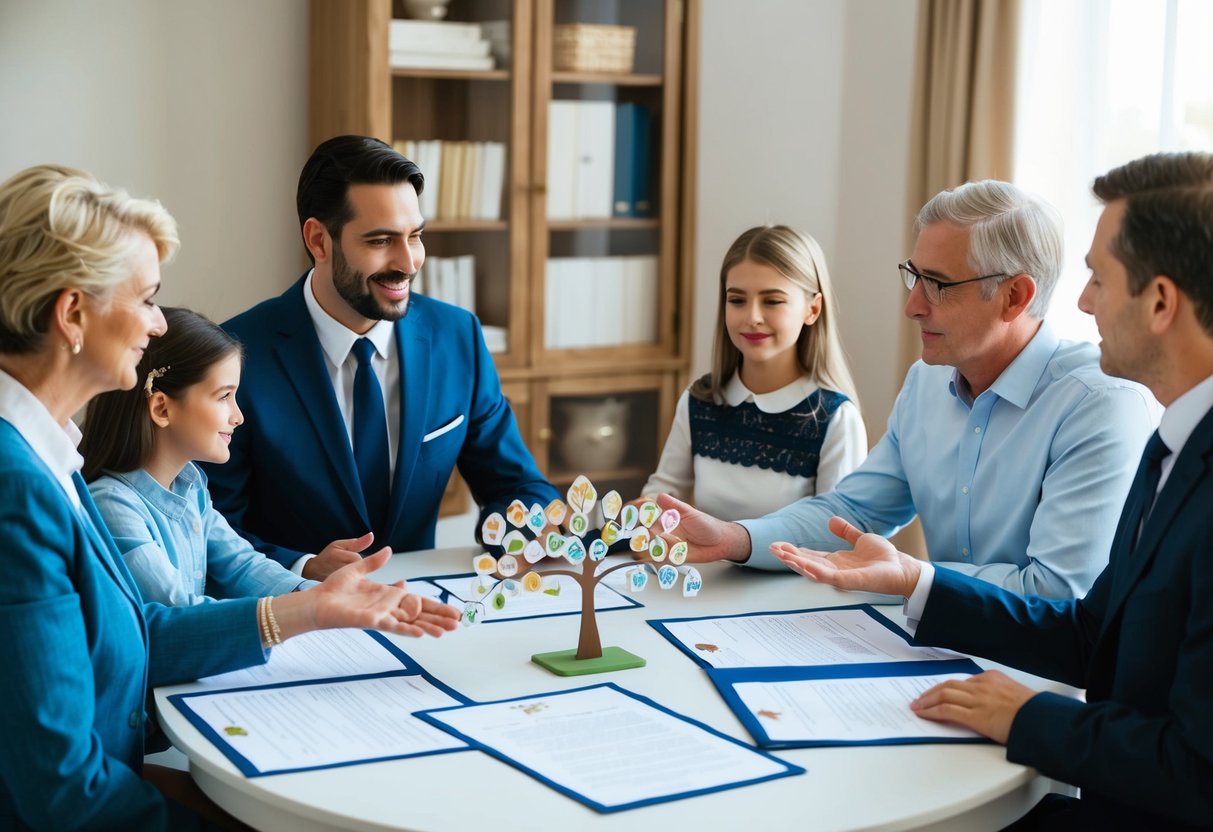 Two families gathered around a table, discussing marriage. A family tree and legal documents are spread out, while individuals gesture and converse