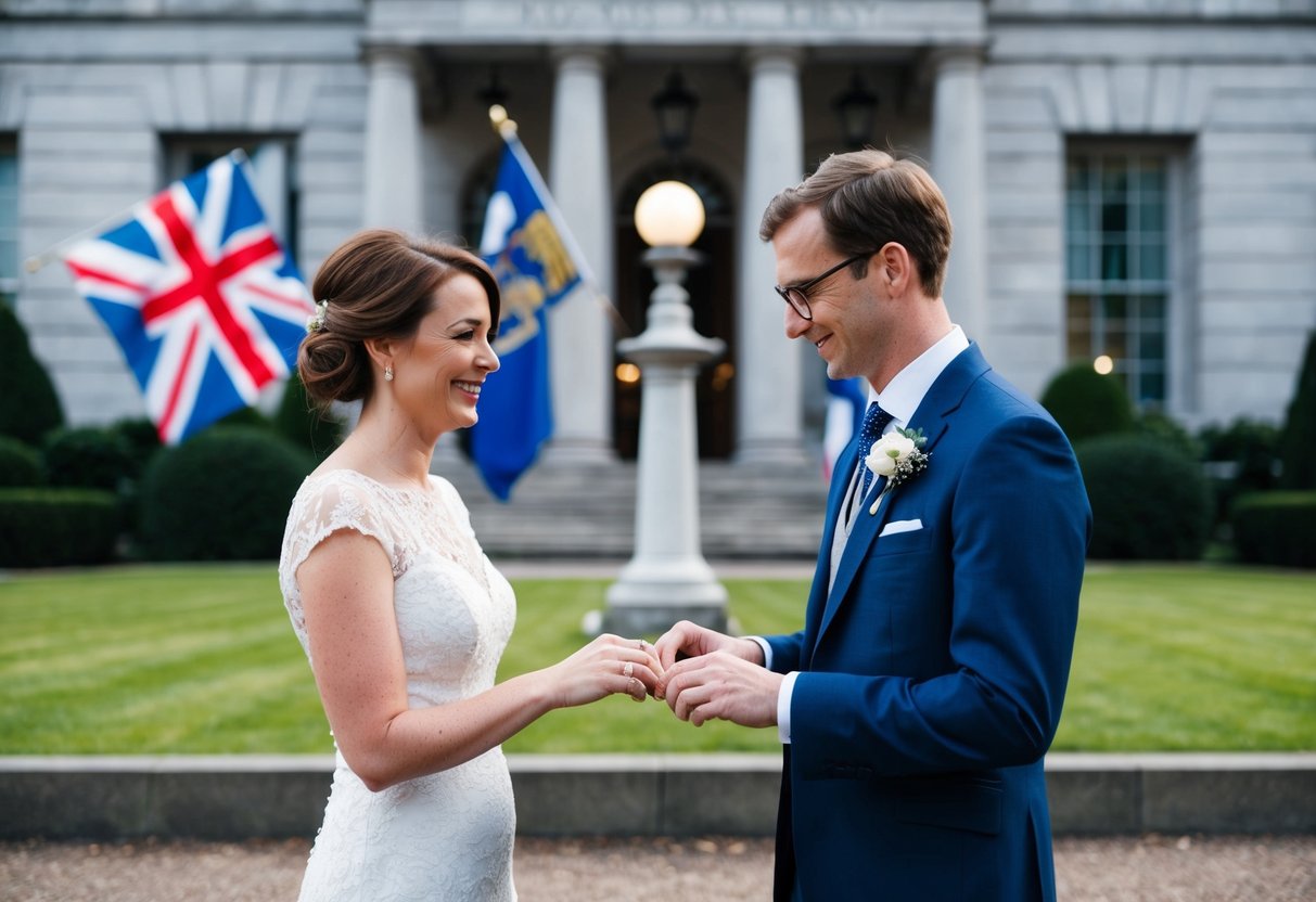 A couple standing in front of a government office, exchanging wedding rings with a British flag in the background