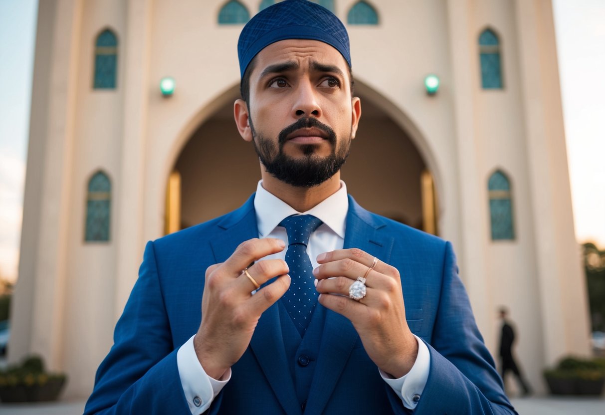 A man stands in front of a mosque, holding two wedding rings. He looks conflicted as he contemplates the question of marrying two wives in the UK