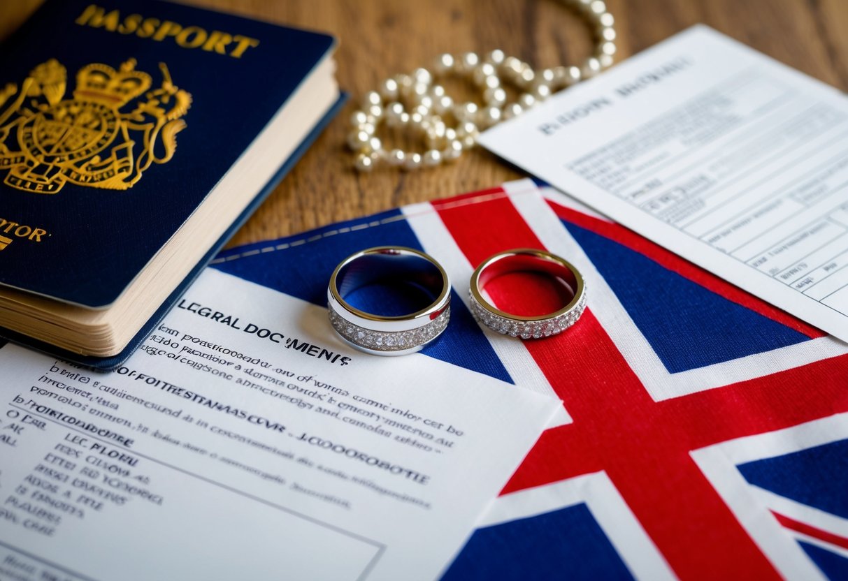 A wedding ring on a British flag, surrounded by legal documents and a passport