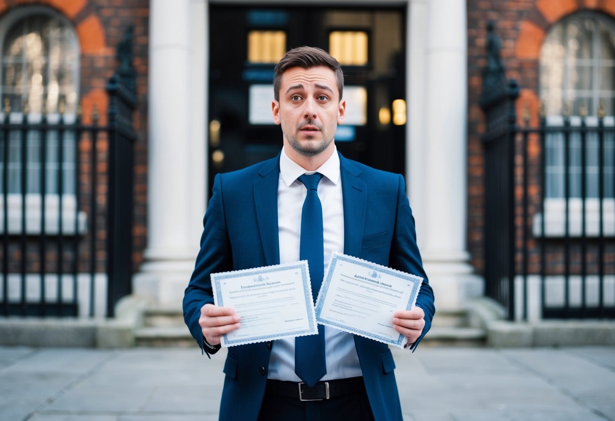 A man standing in front of a UK courthouse, holding two marriage certificates with a confused expression on his face