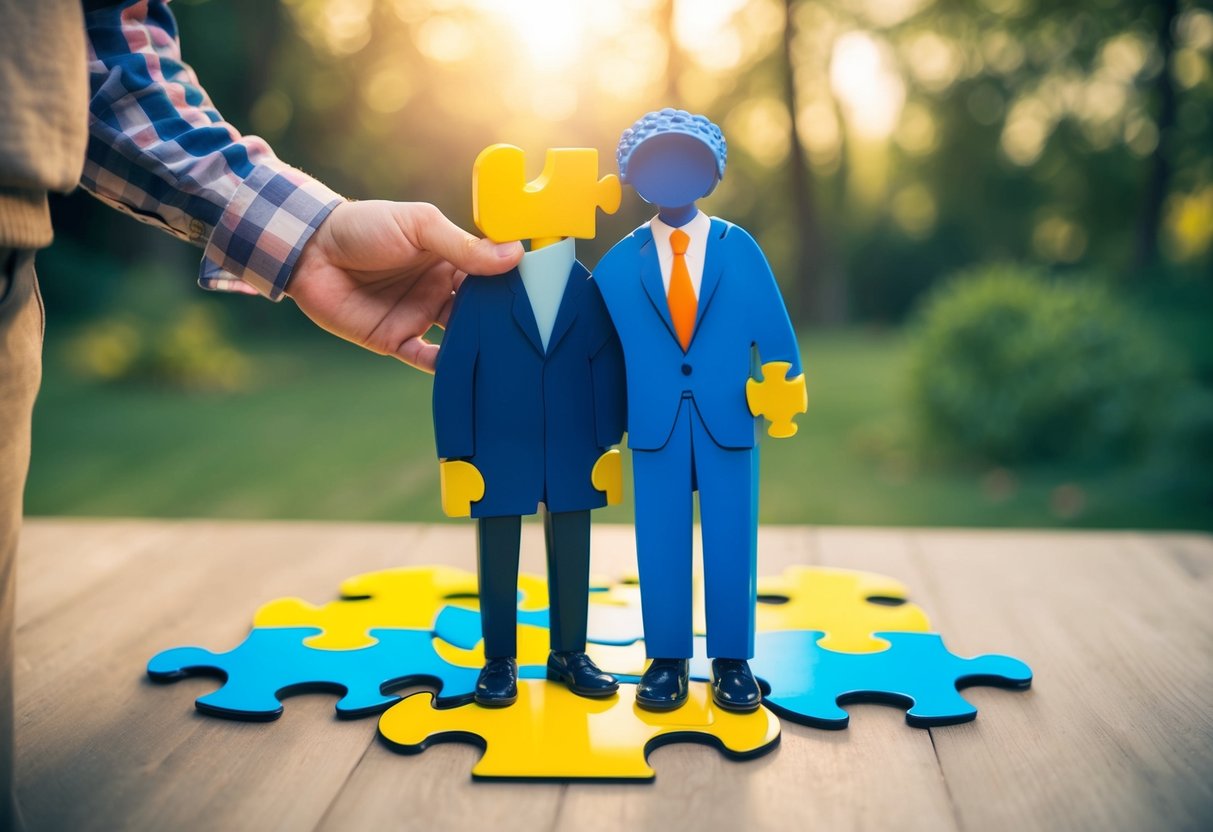 A person with autism and a non-autistic person standing together, surrounded by puzzle pieces representing the challenges and strategies in their relationship